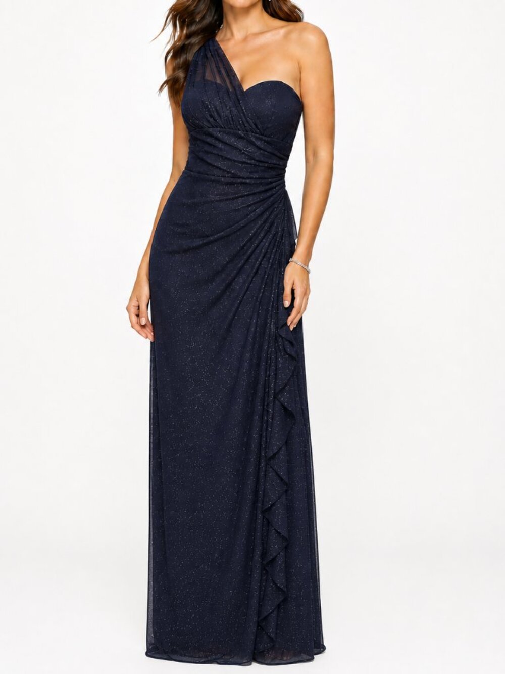 LE CHATEAU One-Shoulder Maxi Dress Chiffon Formal Navy Gold Sparkle Women's 12